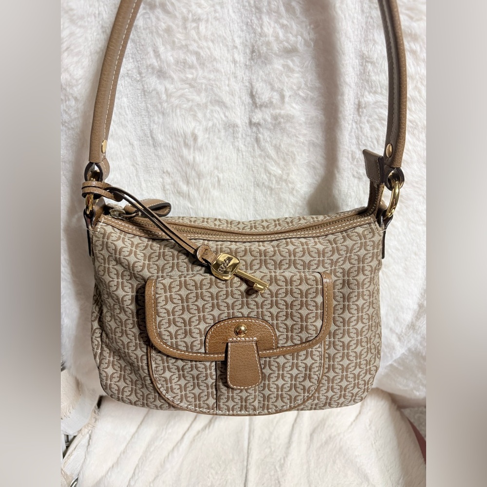 Fossil Beige Monogram Shoulder Bag with Gold Hardware